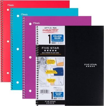 Picture of Five Star Wirebound Notebook, College Ruled, 1 Subject, 100 Sheets, 1 Notebook, Assorted Colors (Pack of 4)