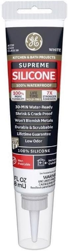 Picture of GE Supreme 100% Silicone 30 Min. Water-Ready caulk, 2.8 oz tube, White