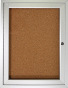 Picture of Ghent 24"x18" 1-Door indoor Enclosed Bulletin Board, Shatter Resistant, with Lock, Satin Aluminum Frame - Natural Cork (PA12418K) Made in the USA