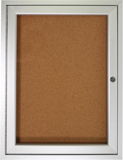 Picture of Ghent 24"x18" 1-Door indoor Enclosed Bulletin Board, Shatter Resistant, with Lock, Satin Aluminum Frame - Natural Cork (PA12418K) Made in the USA