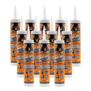 Picture of Gorilla Heavy Duty Construction Adhesive, White Glue, 9 Ounce Cartridge (Pack of 12) - Gap Filling and Waterproof