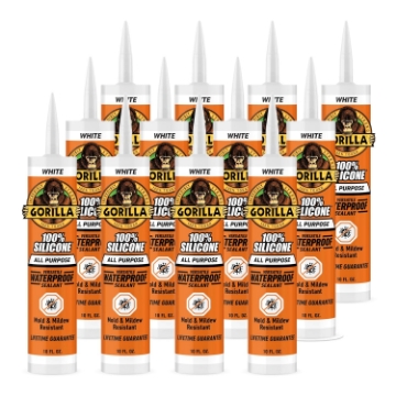 Picture of Gorilla Waterproof Caulk & Seal Silicone Sealant, 10oz Cartridge (Pack of 12) - White Caulking Sealant for Kitchen, Window, Bath, Marine, Door and More