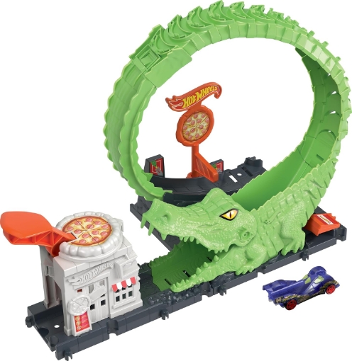 Picture of Hot Wheels Toy Car Track Set Gator Loop Attack Playset in Pizza Place with 1:64 Scale Car, Connects to Other Sets