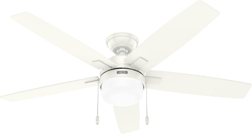 Picture of Hunter 52 inch Indoor Ceiling Fan with LED Light - White Ceiling Fan with Pull Chain, for Bedroom or Living Room, Standard Mount, No Remote, 5 Blades, Includes Bulbs - Anisten 52487, Fresh White