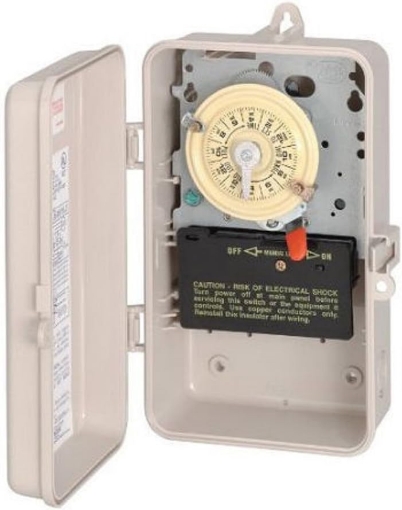Picture of Intermatic T104P3 Mechanical Time Switch - Double Pole, Single Throw, NEMA 3R Enclosure - One-Hour Control, On/Off Trippers Included, High Motor Load Ratings