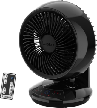 Picture of Lasko Air Circulator Fan, Whirlwind Orbital Motion Table Fan, 3 Speeds, Timer, Dark Mode, Remote Control Small Room Fan, Black, A12558