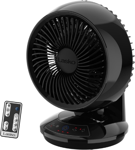 Picture of Lasko Air Circulator Fan, Whirlwind Orbital Motion Table Fan, 3 Speeds, Timer, Dark Mode, Remote Control Small Room Fan, Black, A12558
