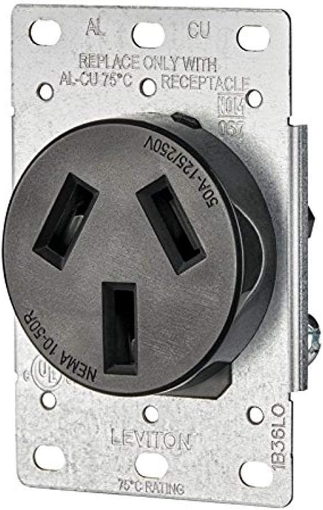 Picture of Leviton 50 Amp, 125/250V, NEMA 10-50R, 3P, 3W, Flush Mounting Receptacle, Straight Blade, Industrial Grade, Non-Grounding, Side Wired, Steel Strap, 5206-S10, Black