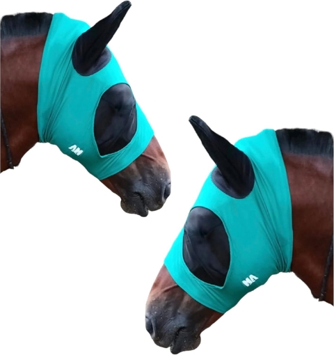 Picture of Majestic Ally Pack of 2 Lycra Horse Fly Mask with Nylon Mesh Eyes and Ears - Durable, Comfort Elasticity Fly Mask with Ears (Turquoise)