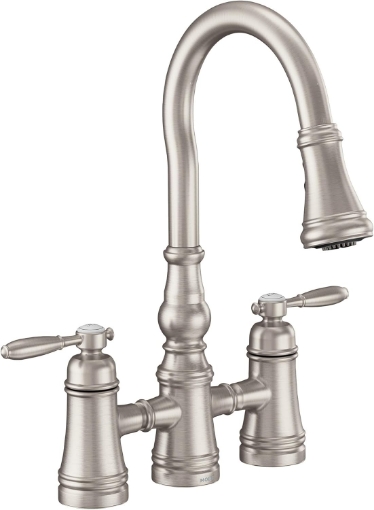 Picture of Moen S73204SRS Weymouth Two Handle Pulldown Bridge Kitchen Faucet, Spot Resist Stainless