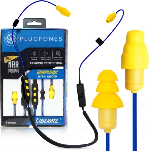 Picture of Plugfones Liberate 2.0 Wireless Bluetooth in-Ear Earplug Earbuds- 29NRR Noise Reduction Headphones with Noise Isolating Mic and Controls (Blue & Yellow)