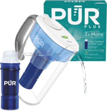 Picture of PUR Plus 7-Cup Water Filter Pitcher for Fridge, Cleaner, Great-tasting Water, Dishwasher Safe, Powerful Filtration, Change Light Indicator, LockFit Cap Design, White