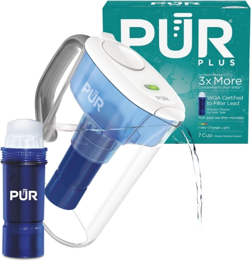 Picture of PUR Plus 7-Cup Water Filter Pitcher for Fridge, Cleaner, Great-tasting Water, Dishwasher Safe, Powerful Filtration, Change Light Indicator, LockFit Cap Design, White