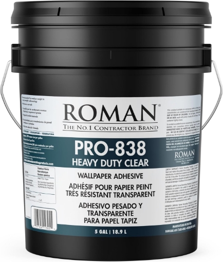 Picture of Roman PRO-838 Heavy Duty Clear Wallpaper Adhesive, for Non-Wovens, Commercial Weight Wallcoverings, Wall Carpet, and More, 5-Gallon (1,500 sq. ft.)