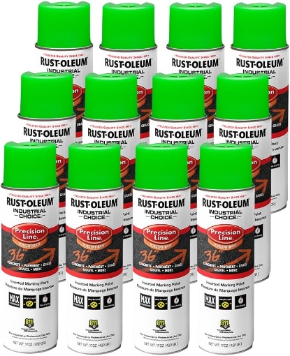 Picture of Rust-Oleum 203023-12PK Industrial Choice Inverted Solvent-Based Marking Spray Paint, 17 Oz, Fluorescent Green, 12 Pack