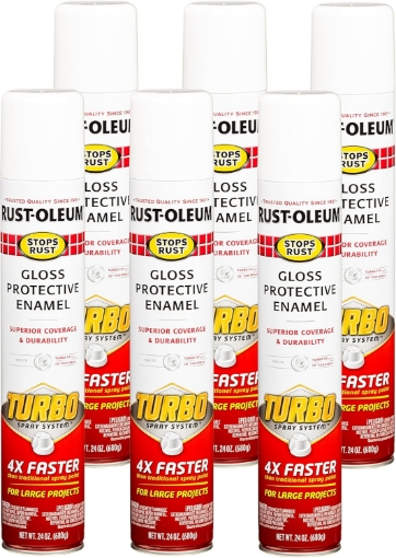 Picture of Rust-Oleum 334133-6PK Stops Rust Turbo Spray System Spray Paint, 24 oz, Gloss White, 6 Pack