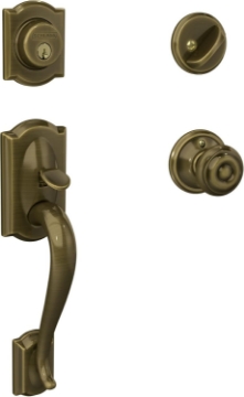 Picture of Schlage F60 V CAM 609 GEO Camelot Front Entry Handleset with Georgian Knob, Deadbolt Keyed 1 Side, Antique Brass