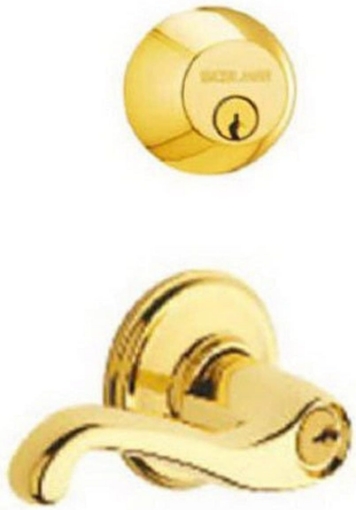 Picture of Schlage FB50 V FLA 505 605 Single Cylinder Deadbolt and Keyed Entry Flair Lever, Bright Brass