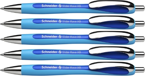 Picture of Schneider Slider Rave XB (Extra Broad) Ballpoint Pens, Refillable + Retractable, 1.4 mm, Light Blue Barrel, Blue Ink, Box of 5 Pens (132503)