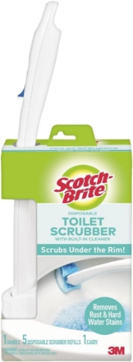 Picture of Scotch-Brite Disposable Toilet Scrubber Starter Kit, Disposable Refills with Built-In Bleach Alternative, Includes 1 Handle, Storage Caddy and 5 Refills