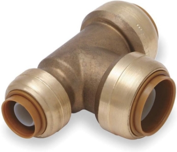 Picture of SharkBite 3/4 Inch x 1/2 Inch x 3/4 Inch Reducing Tee, Pack of 6, Push To Connect Brass Plumbing Fitting, PEX Pipe, Copper, CPVC, PE-RT, HDPE, U444LF