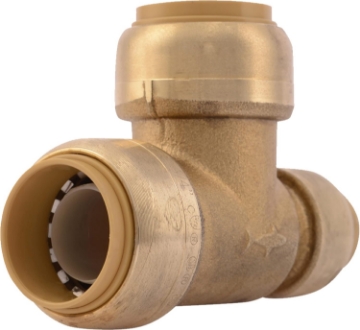 Picture of SharkBite 3/4 Inch x 1/2 Inch x 3/4 Inch Reducing Tee, Push To Connect Brass Plumbing Fitting, PEX Pipe, Copper, CPVC, PE-RT, HDPE, U444LFA