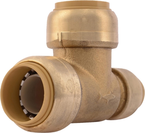 Picture of SharkBite 3/4 Inch x 1/2 Inch x 3/4 Inch Reducing Tee, Push To Connect Brass Plumbing Fitting, PEX Pipe, Copper, CPVC, PE-RT, HDPE, U444LFA