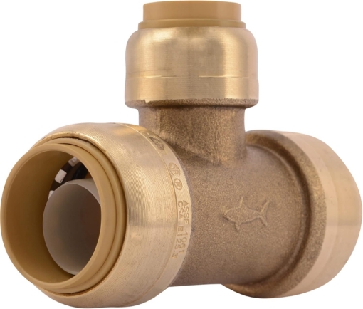 Picture of SharkBite 3/4 Inch x 3/4 Inch x 1/2 Inch Reducing Tee, Push To Connect Brass Plumbing Fitting, PEX Pipe, Copper, CPVC, PE-RT, HDPE, U412LFA