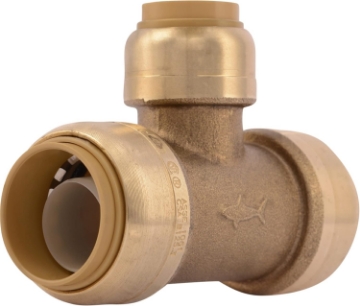 Picture of SharkBite 3/4 Inch x 3/4 Inch x 1/2 Inch Reducing Tee, Push To Connect Brass Plumbing Fitting, PEX Pipe, Copper, CPVC, PE-RT, HDPE, U412LFA