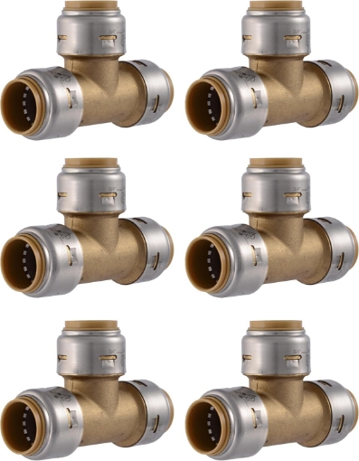 Picture of SharkBite Max 3/4 Inch Tee, Pack of 6, Push to Connect Brass Plumbing Fitting, PEX Pipe, Copper, CPVC, PE-RT, HDPE, UR370