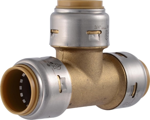 Picture of SharkBite Max 3/4 Inch Tee, Push to Connect Brass Plumbing Fitting, PEX Pipe, Copper, CPVC, PE-RT, HDPE, UR370A