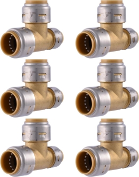 Picture of SharkBite Max 3/4 Inch x 1/2 Inch x 3/4 Inch Reducing Tee, Pack of 6, Push To Connect Brass Plumbing Fitting, PEX Pipe, Copper, CPVC, PE-RT, HDPE, UR444