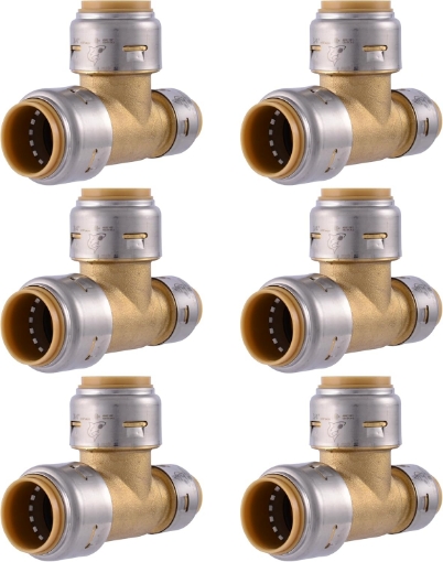 Picture of SharkBite Max 3/4 Inch x 1/2 Inch x 3/4 Inch Reducing Tee, Pack of 6, Push To Connect Brass Plumbing Fitting, PEX Pipe, Copper, CPVC, PE-RT, HDPE, UR444