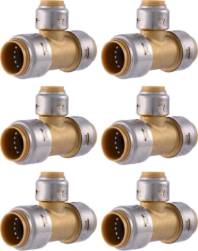 Picture of SharkBite Max 3/4 Inch x 3/4 Inch x 1/2 Inch Reducing Tee, Pack of 6, Push To Connect Brass Plumbing Fitting, PEX Pipe, Copper, CPVC, PE-RT, HDPE, UR412