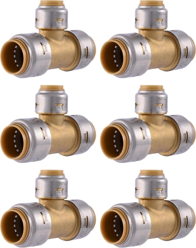 Picture of SharkBite Max 3/4 Inch x 3/4 Inch x 1/2 Inch Reducing Tee, Pack of 6, Push To Connect Brass Plumbing Fitting, PEX Pipe, Copper, CPVC, PE-RT, HDPE, UR412