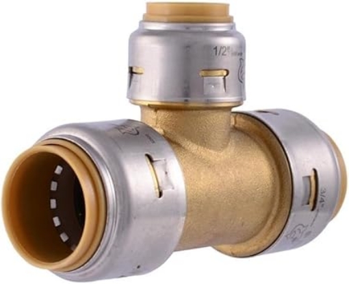 Picture of SharkBite Max 3/4 Inch x 3/4 Inch x 1/2 Inch Reducing Tee, Push To Connect Brass Plumbing Fitting, PEX Pipe, Copper, CPVC, PE-RT, HDPE, UR412A
