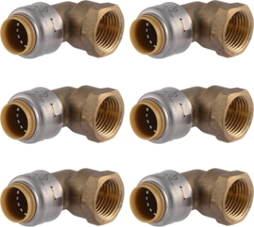 Picture of SharkBite Max 90 Degree Female Adapter Elbow, 1/2 Inch Push-to-Connect x 1/2 Inch FNPT, Pack of 6, Brass Plumbing Fitting, UR308