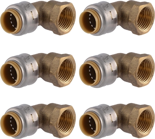Picture of SharkBite Max 90 Degree Female Adapter Elbow, 1/2 Inch Push-to-Connect x 1/2 Inch FNPT, Pack of 6, Brass Plumbing Fitting, UR308