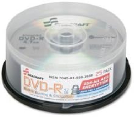 Picture of SKILCRAFT 7045-01-599-2658 Encrypted DVD-R on Spindle, 4.7GB Capacity, Silver (Pack of 25)
