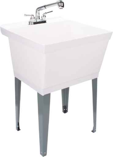 Picture of Tehila Standard Freestanding White Utility Sink with Chrome Finish Pull-Out Faucet