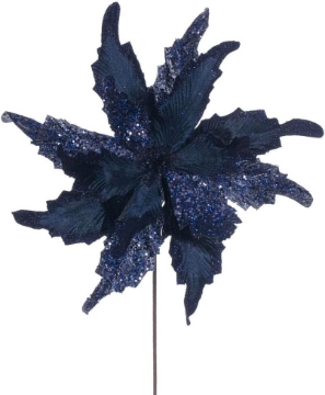 Picture of Vickerman 18" x 20" Midnight Blue Grand Velvet Poinsettia Stem. It Includes Two Pieces per Bag.