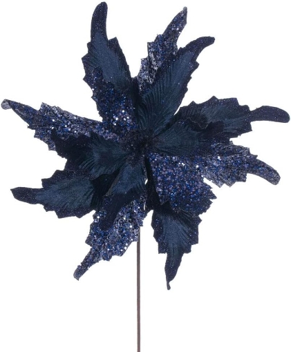 Picture of Vickerman 18" x 20" Midnight Blue Grand Velvet Poinsettia Stem. It Includes Two Pieces per Bag.