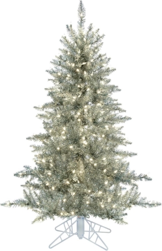 Picture of Vickerman 4.5' Silver Tinsel Fir Artificial Christmas Tree - Warm White Dura-lit LED Lights - Faux Silver Christmas Tree - Seasonal Indoor Home Decor - Reliable and Durable
