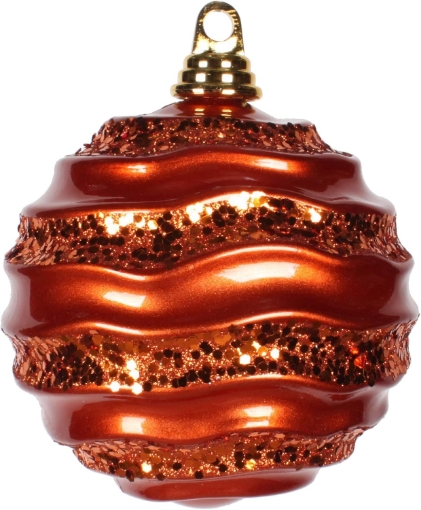 Picture of Vickerman 6" Christmas Ornament Wave Ball, Orange Stripe Candy Finish with Glitter Accents, Shatterproof Plastic, Holiday Christmas Tree Decoration