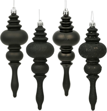 Picture of Vickerman 7" 4-Finish Finial Ornament, Shatterproof Plastic Christmas Tree Decoration, 8 Pack, Black Shiny, Matte, Glitter and Sequin Finishes