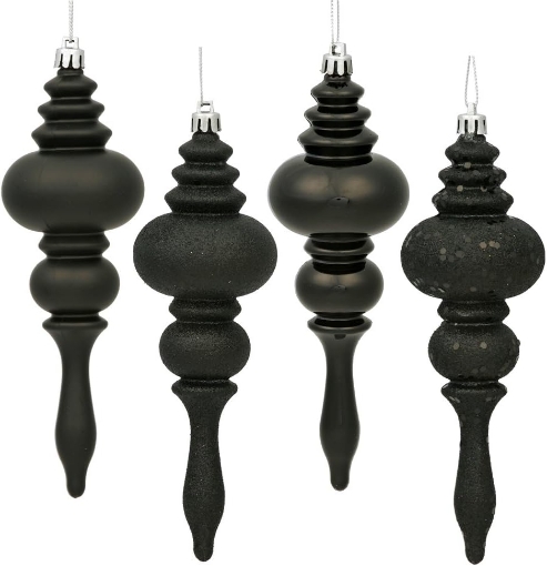 Picture of Vickerman 7" 4-Finish Finial Ornament, Shatterproof Plastic Christmas Tree Decoration, 8 Pack, Black Shiny, Matte, Glitter and Sequin Finishes