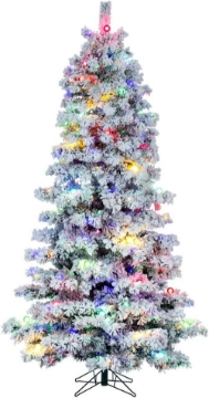 Picture of Vickerman 7.5' x 48" Flocked Slim Alaskan Artificial Pre-Lit Christmas Tree with 42 Pure White G40 and 600 Pure White LED Mini Lights