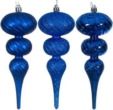 Picture of Vickerman 8" Blue Swirl Finial Ornament Assortment. Two Matte, Two Shiny, and Two Glitter.