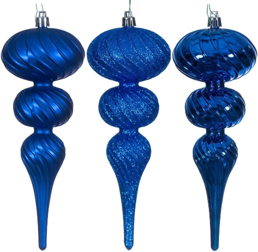Picture of Vickerman 8" Blue Swirl Finial Ornament Assortment. Two Matte, Two Shiny, and Two Glitter.