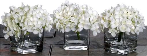 Picture of Vickerman Everyday Artificial White Mini Hydrangea Set of 3 - Faux Indoor Glass Vase Silk Floral Arrangement - for Home Or Office Decor